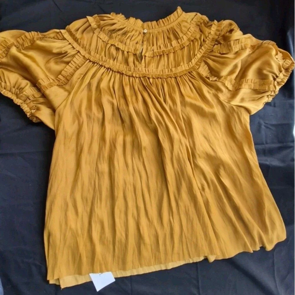 Ulla Johnson Aimee Pleated Short Puff Sleeve Top Womens Size 14 Goldenrod Color
